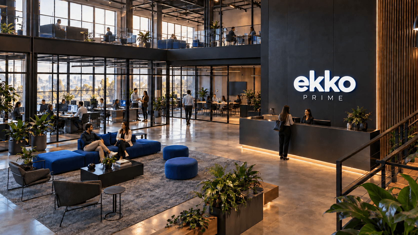 Conceito de ambiente Ekko Prime: escritório amplo com divisórias de vidro, estações de trabalho e lounge em azul e grafite
